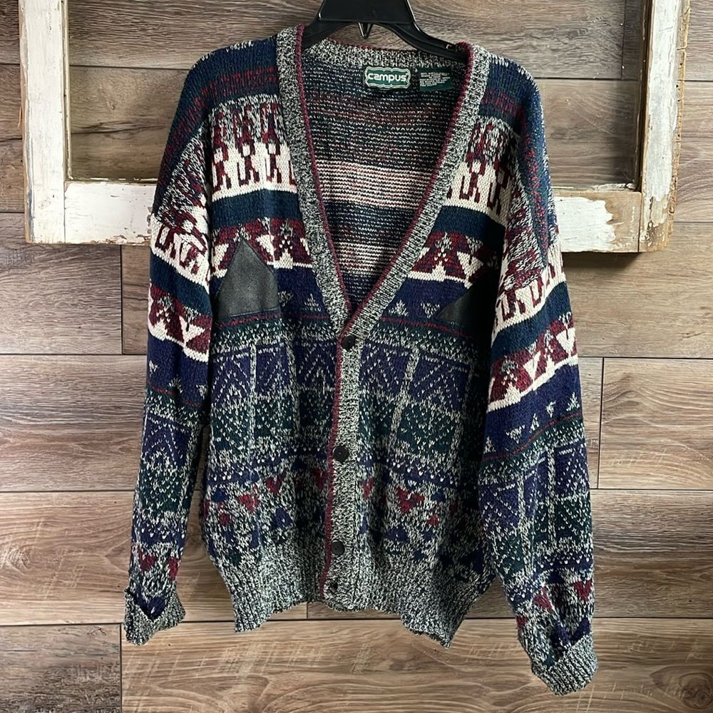 Campus Mens Grandpacore Acrylic Vintage Sweater Cardigan Genuine Leather Trim XL